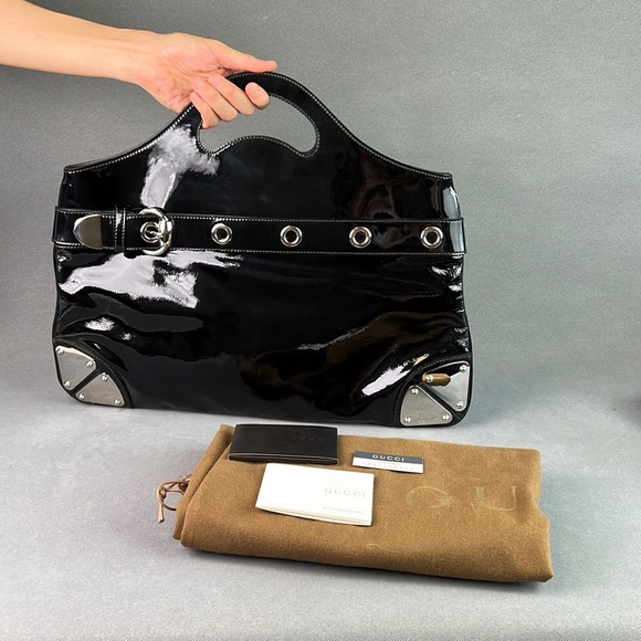 Gucci top handle clutch black mirror finish silver hardware, like new - Picture 1 of 12